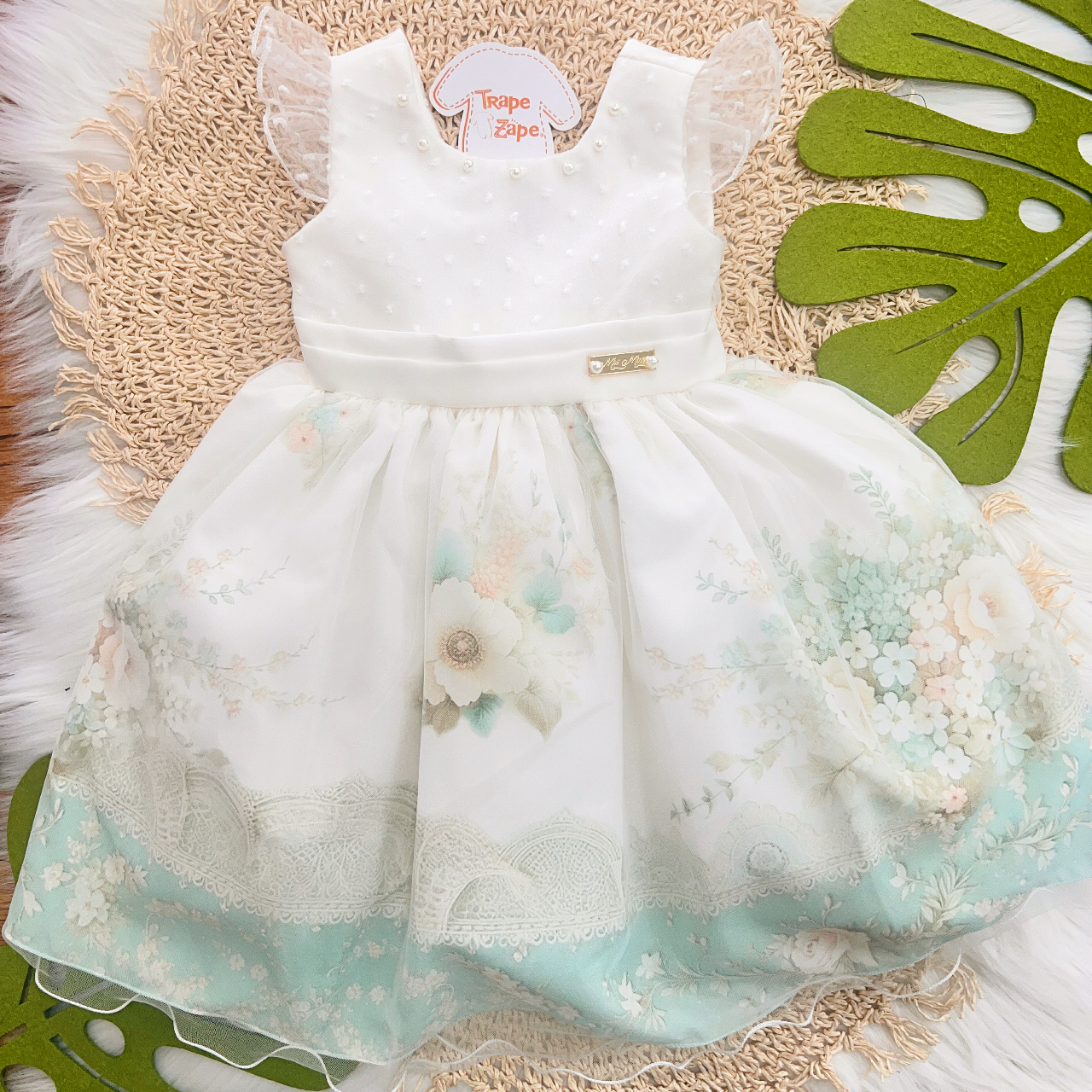 Vestido com Pérolas e Jardim de Flores - Off White e Verde